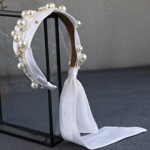 Wedding Bridal Satin Headband Faux Pearl Beading Jewelry Church Party Hair Hoop