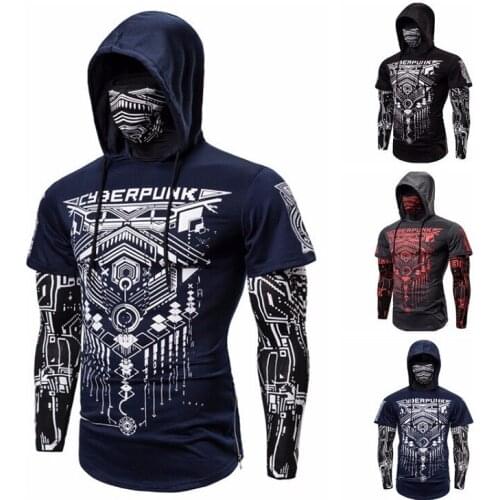 Spring and Autumn Men Gym Hoodie Long Sleeve Hoodies with Mask Sweatshirt Stretch Fitness Fake Two-piece T-shirt Mask Riding Top