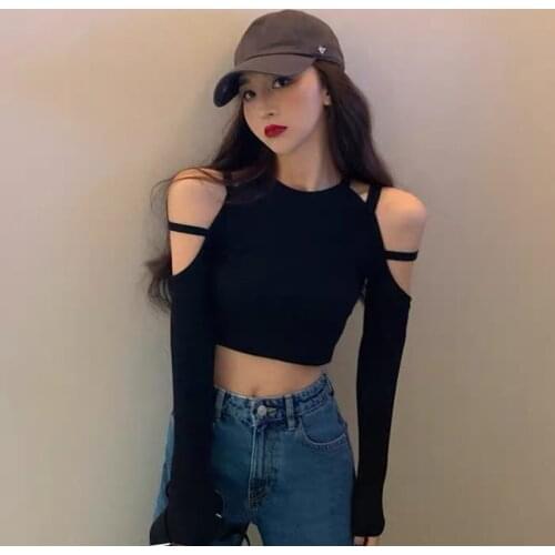 Spring and autumn strapless long-sleeved t-shirt female high street sexy short navel top nightclub hot girl clothes S604