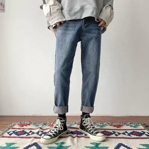 Spring autumn 2021 Fashion denim jeans boys loose straight trend Korean handsome black student casual teenager pencil pants men