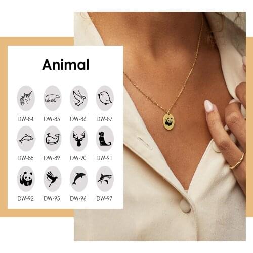 Visunion Cute Custom Animals Necklace Geometric 13*9MM Oval shape Engraving Dog Penguin Shark Pattern Pendant for Friends Family