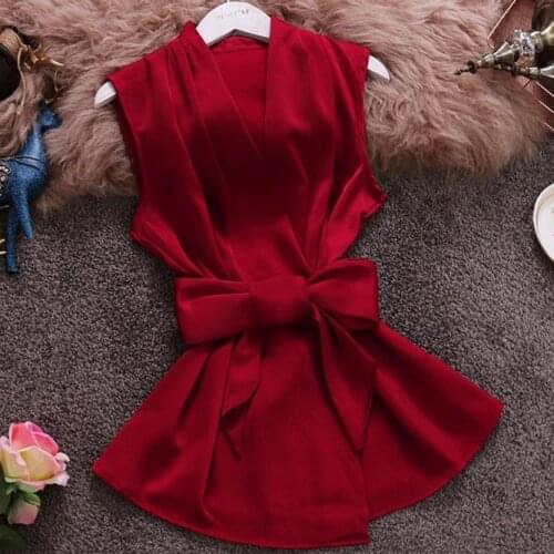2020 summer new ladies blouse V-neck sleeveless women slim waist belted top shirt