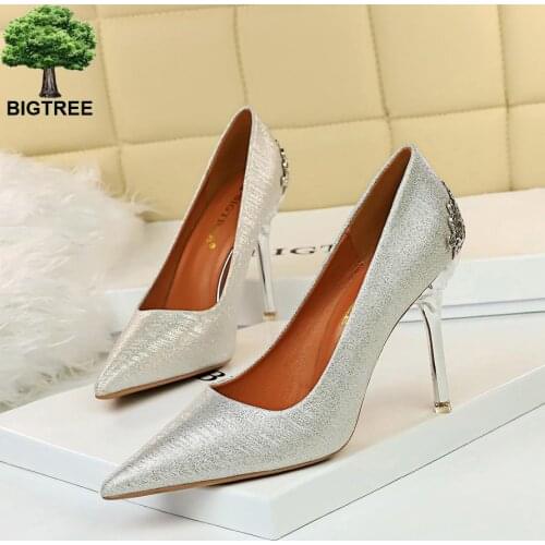 2020 New Autumn Women Pumps High Thin Heel Pointed Toe Shallow Metal Decoration Sexy Party Women Shoes Silver High Heels