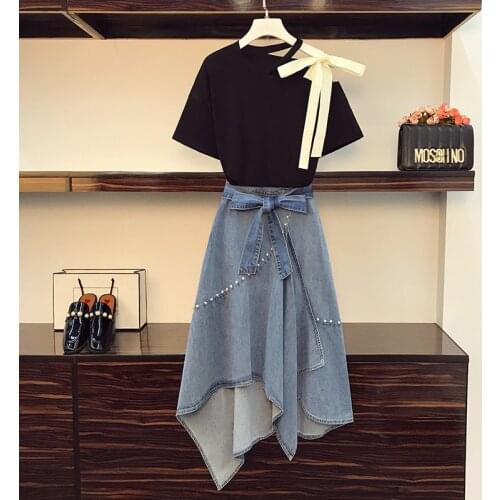 WTIANYUW Large Size Summer Women Denim Skirt Two Piece Set Fashion Off Shoulder Bow T Shirts+Irregular Beaded Belt Skirts Suit