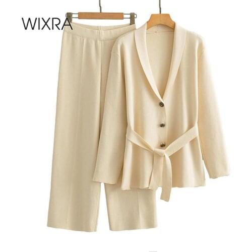 Wixra Womens Knitted Sets Turn Down Collar Sashes Tops+Elastic Waist Wide-Leg Pants 2 Pieces Suits Autumn Spring OL Costume