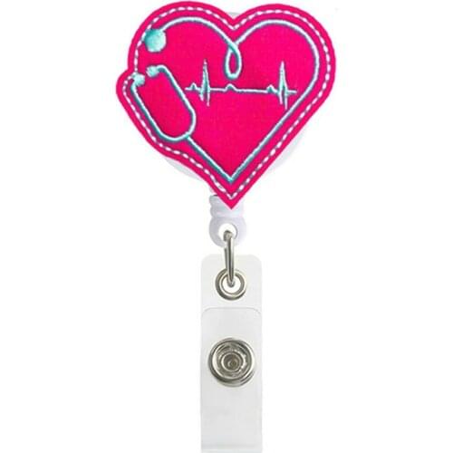 3 Colors Cute Badge Reel Clip Students Felt Embroidery Organ Heart Pattern Clips Retractable Nurse Doctor ID Card Holder