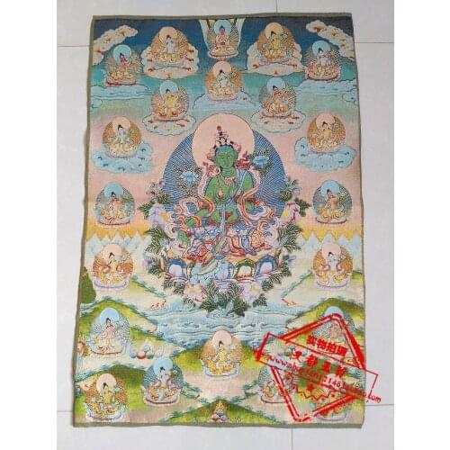 36 inch Tibet Silk embroidery 21 Green tara Buddha Tangka Thangka Paintings family wall decorated mural