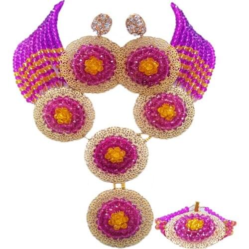 ACZUV Purple Yellow Nigerian Beaded Necklace African Wedding Beads Jewelry Set 10C-4PH003