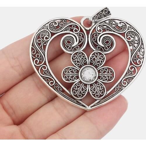 2PCS Antique Large Hollow Filigree Flower Heart Charms Pendants 8mm Round Blanks Cabochon Settings for Necklace Jewelry