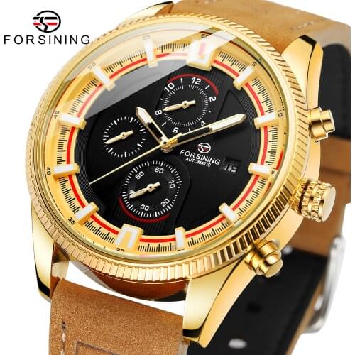 Forsining 2021 Automatic Mechanical Watch For Men Sport Army Leather Strap Mens Watches Luminous Calendar Clocks часы мужские