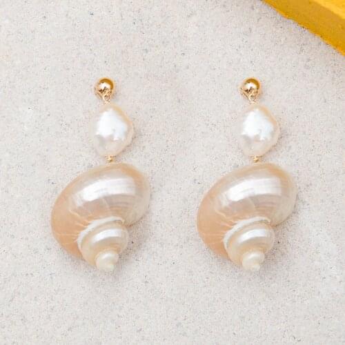 Bohemian Asymmetrical conch sea snail white shell and natural freshwater pearl clip earring KAIRI EARRINGS for women jewelry