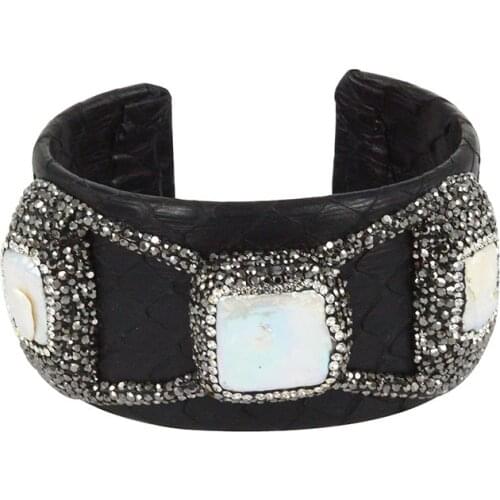 Natural Python Leather Bangle Paved Rhinestone Freshwater Pearl Shell Snake Leather Charm Open Cuff Bracelets