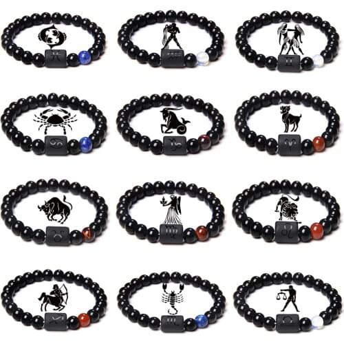 12 Constellation Bracelets Couple Bangles Men 8MM Onyx Agat Stone Beads Pulsera Cancer Virgo Women Bracelet Friendship Jewelry