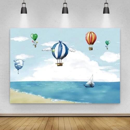 Newborn Baby Shower Photography Backdrops Hot Air Balloon Fly Over Blue Sea Kids Party Room Decor Backdrops
