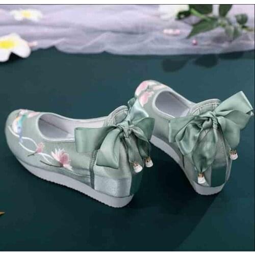 Hanfu Shoes Women Chinese Traditional Ancient Inside Heighten Flat Shoes Embroidery Green Shoes Wedding Hanfu Shoes For Women
