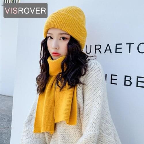 VISROVER 8 colorways one set unisex solid acrylic winter hat and scarf for woman one set acrylic unisex Warm bonnet snood