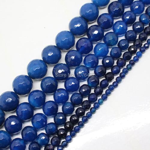 Mini. order is $7! 4,6,8,10,12,14mm Faceted 64 Surface Blue Agates Round Loose Beads 15"