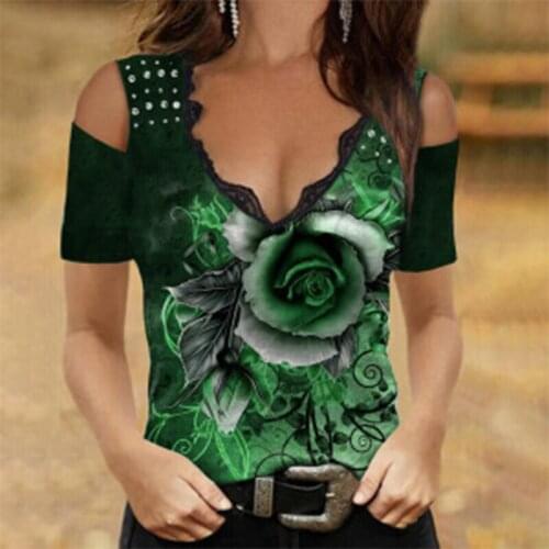 2021 New Umeko Women Sexy V Neck Cold Shoulder Shirts Tops Rose Print Womens Short Sleeve T-Shirt Fashion Casual Loose Clothing