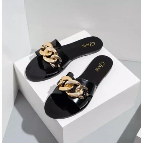2021 New Ladies Slippers and Sandals Fashion Black Metal Chain Decorated Flat Sandals Round Toe Women Slides Female Beach Shoes