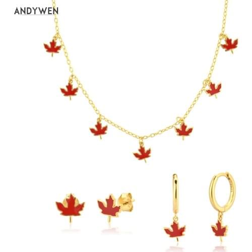 ANDYWEN 925 Sterling Silver 2021 Gold Maple leaf Pendant Stud Earring Drop Long Chain Necklace Choker Fashion Fine Jewelry Set