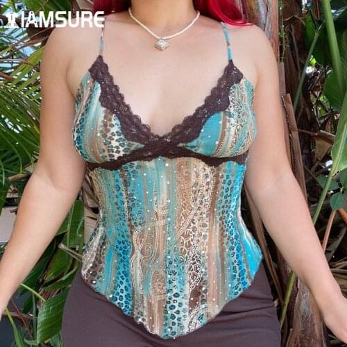 IAMSURE Lace Trim Printed Camis Top Women Vintage Sexy Casual Sleeveless Deep V-Neck Spaghetti Straps Tank Tops Fashion Ladies