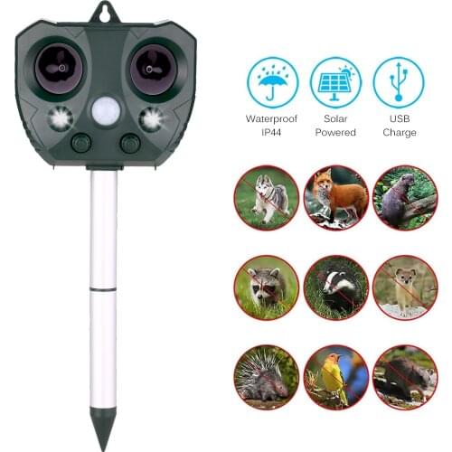 Solar Ultrasonic Repeller Waterproof Outdoor Pest Animal Expeller with Motion Sensor and Flashing Light Repeller for Cats Dogs