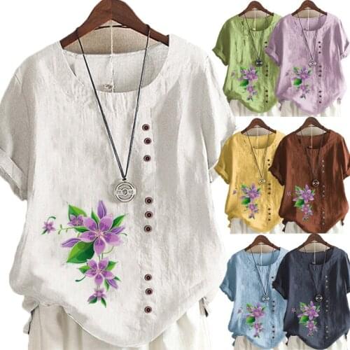 Womens Summer New Casual Flower Print Loose T-shirt Retro Round Neck Plus Size Short-sleeved Shirt S-5XL