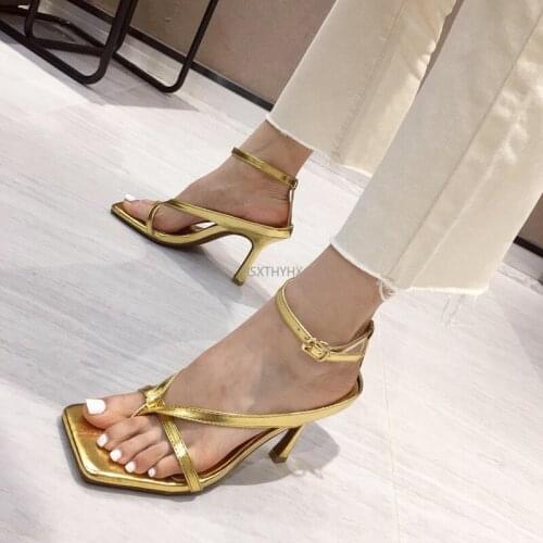Summer New Fashion Pinch Narrow Band Women Gladiator Sandal Shoes Ladies Square Open Toe Ankle Buckle Strap Stiletto Heels