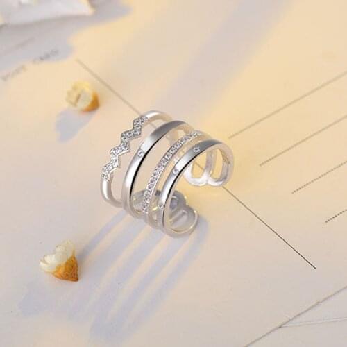 Trendy Silver color Wave MosaicZircon CZ Opening Rings For Women Personality Multi-layer Line Cross Jewelry bague anillos