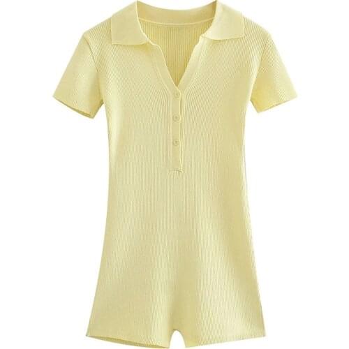 ZXQJ Women 2021 Chic Fashion Buttoned Pullover Knit Playsuits Vintage POLO Collar Short Sleeve Female Jumpsuits Mujer