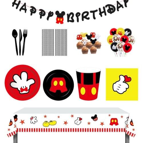 113 pcs Disney Mickey Mouse Birthday Party Decoration Combination Cups Plates Garland Tablecloths Kids Love Prepared For 8 Kid