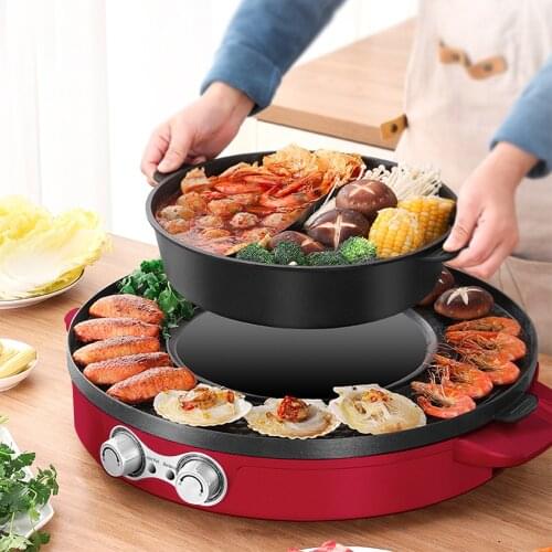 2200W 2 In 1 44cm Electric Smokeless Grill and Hot Pot Double Split Fry Roasting Pan Electric BBQ Grills Hot Pot Easy To Clean