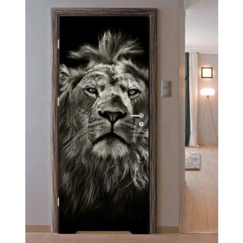 3D Door Sticker Black And White Lion HeadWall Sticker DIY Door Cover Kitchen Home Decoration Accessories Modern 3d Wall Stickers