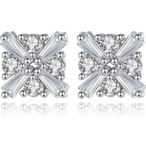 Promotion 925 Sterling Silver Fashion Square Shiny Zircon Ladiesstud Earrings Women Wholesale Jewelry Birthday Gift