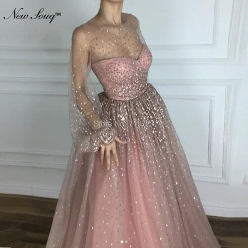 Shiny Sequined Women Party Dress Arabic Dubai Style Evening Gowns Vestidos 2019 Long Sleeves Tulle Prom Dresses Robe De Soiree