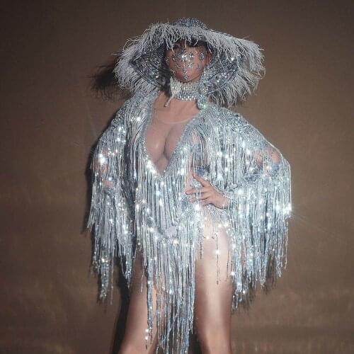 Sparkly Sequin Fringes Bodysuit Hat Performance Costume Women One-piece Dance Wear Singer Stage Leotard Rave Festival Clothing