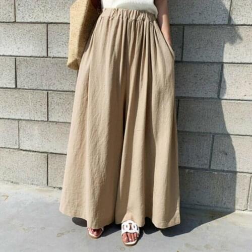 Spring Summer Solid Cotton Linen Wide Leg Pants Women Casual Elastic High Waist Pants Dress Loose Pocket Trousers Long Pantalon