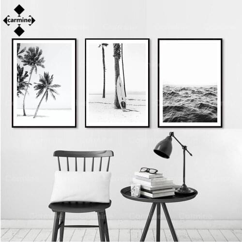 Black White Wall Art Canvas Painting Nordic Coconut Tree Beach Island Wave Poster and Prints Wall Pictures for Unique Room Decor