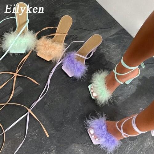 Eilyken 2022 New NWomen Sandals Ankle Strap High Heels Sexy Lace-Up Square heel Rabbit hair Wedding Ankle Strap Sandals