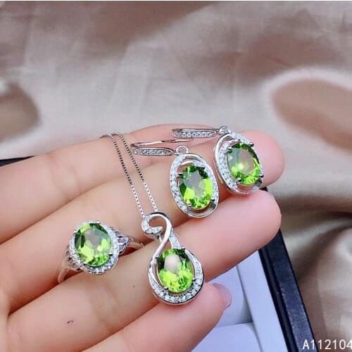 KJJEAXCMY fine jewelry 925 sterling silver natural Peridot women classic exquisite gem earrings ring pendant suit support detect