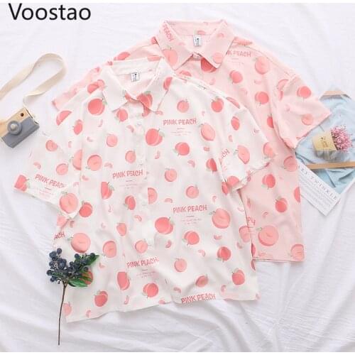 Japanese Sweet Lolita Style Blouses Women Kawaii Honey Peach Print Loose JK Blouse Girls Harajuku Cute Short Sleeve Shirts Tops