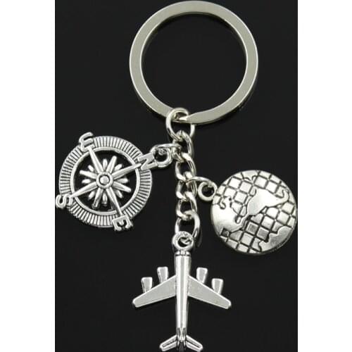 Fashion 30mm Key Chain Keychain Jewelry Silver Color World Travel Compass Airplane Aircraft Pendant