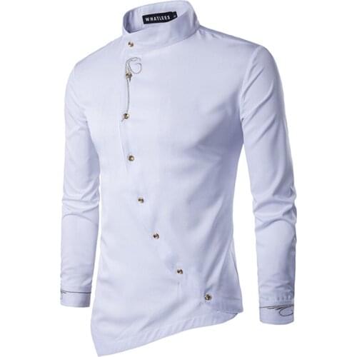 2019 New Mens Hipster Long Sleeve Embroidery Shirt Personality Oblique Button Irregular Casual Dress Shirt Men Tuxedo Shirts