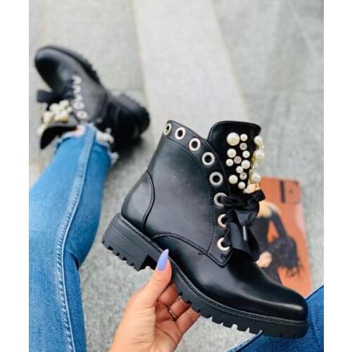 Fashion Ladies Black Ankle Boots Pearl Ribbon Decorated Non-Slip Boots Womens Heightening Casual Comfortable Short Booties