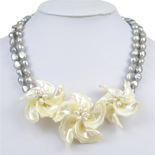 Natural Gray Freshwater Cultured Pearl Shell Flower Necklace For Women Girls Statement Choker Pendant Necklace 2 Rows 17 Inch