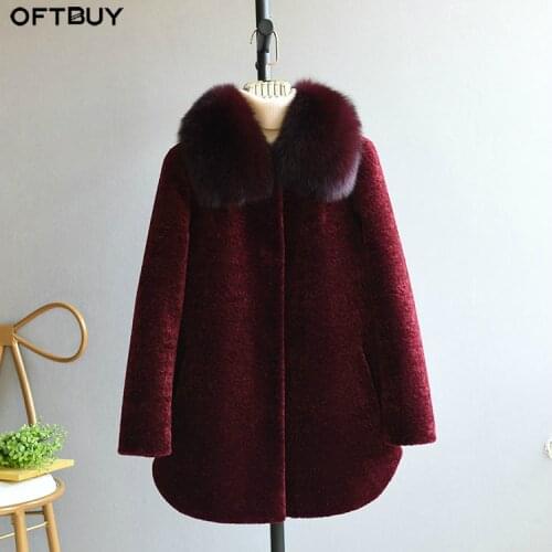 OFTBUY 2021 Winter Jacket Women Real Fur Coat Sheep Shearing Coat Female Wool Middle-aged Mom Natural Fox Fur Collar Thick Warm