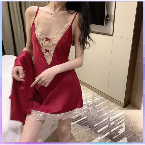 Sexy Lace Robe Womens Pajamas Sets 2Pc Bath Gown Strap Top Kimono Sleepwear Autumn Home Wear Nightgown Suit Sleepshirts Robes