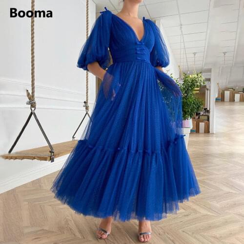 Booma Royal Blue V-Neck Midi Prom Dresses Half Puff Sleeves Dotted Tulle A-Line Evening Dresses Tea-Length Wedding Party Gowns
