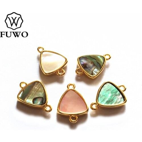 FUWO Wholesale Mini Shell Connector Pendant With Gold Trimmed Triangle Natural Pink Shell Jewelry Finding PD585
