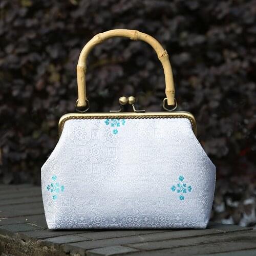Luxury Bamboo Handle Women Bags Embroidery Silk Handbags Shoulder Bags Messenger Bag Wallets Clutch Purse Billfold Geometry
